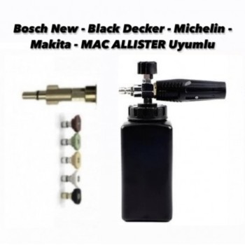 Bosch New - Black Decker - Michelin - Makita - MAC ALLISTER -Einhell  Uyumlu Aparat + 5 Yıkama Nozulları + Foam Lance Köpük Tabancası  ( 7 Parça Ürün ) 