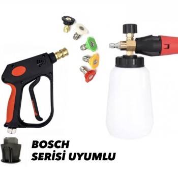 Bosch Serisi Hortum Jakı uyumlu Kısa Basınçlı Yıkama Tabancası + 5 Yıkama Nozulları + Foam Lance Köpük Tabancası  